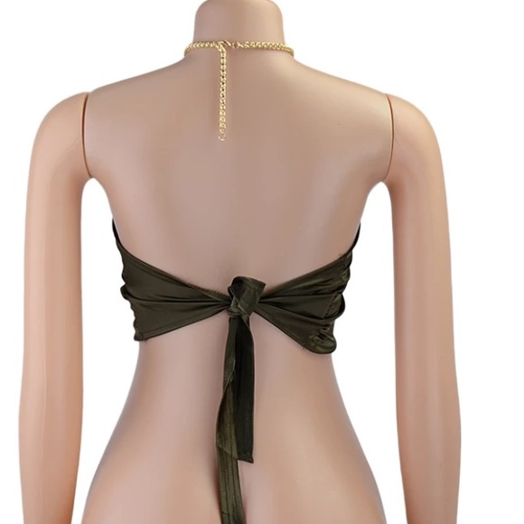 NEW Olive Silky Satin Wrap Chain Halter Crop Top - Picture 8 of 16
